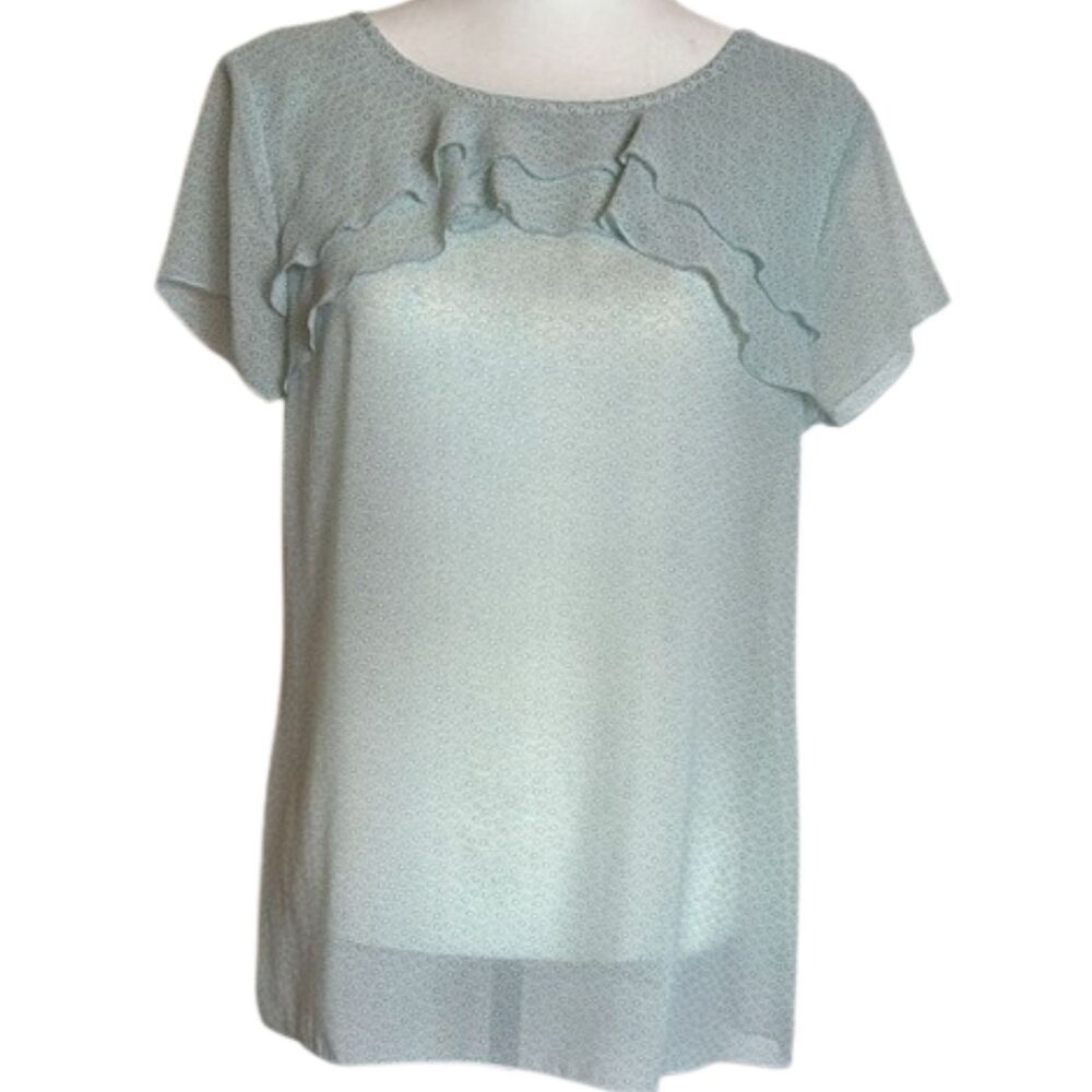 Ann Taylor LOFT Sheer Ruffle Blouse Top Womens Med Geometric Print Career Blue